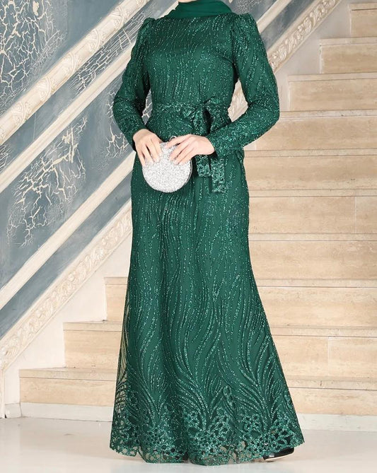 Ladies Emerald Green Modest Evening Dress