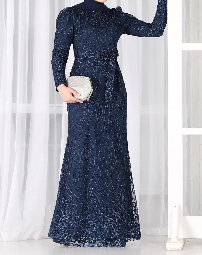 Ladies Navy Blue Modest Evening Dress - Main Image