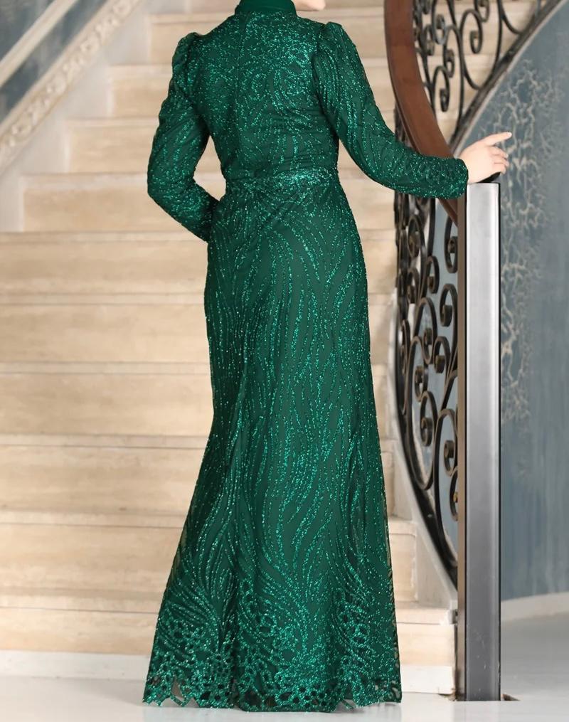 Ladies Emerald Green Modest Evening Dress