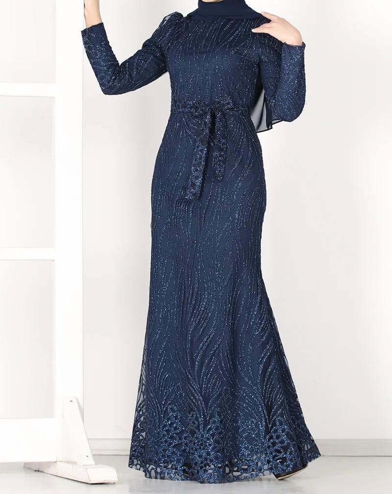 Ladies Navy Blue Modest Evening Dress