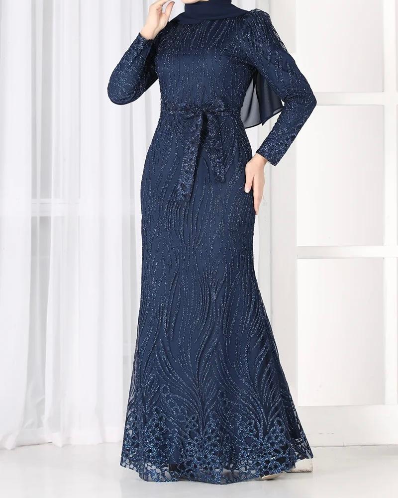 Ladies Navy Blue Modest Evening Dress